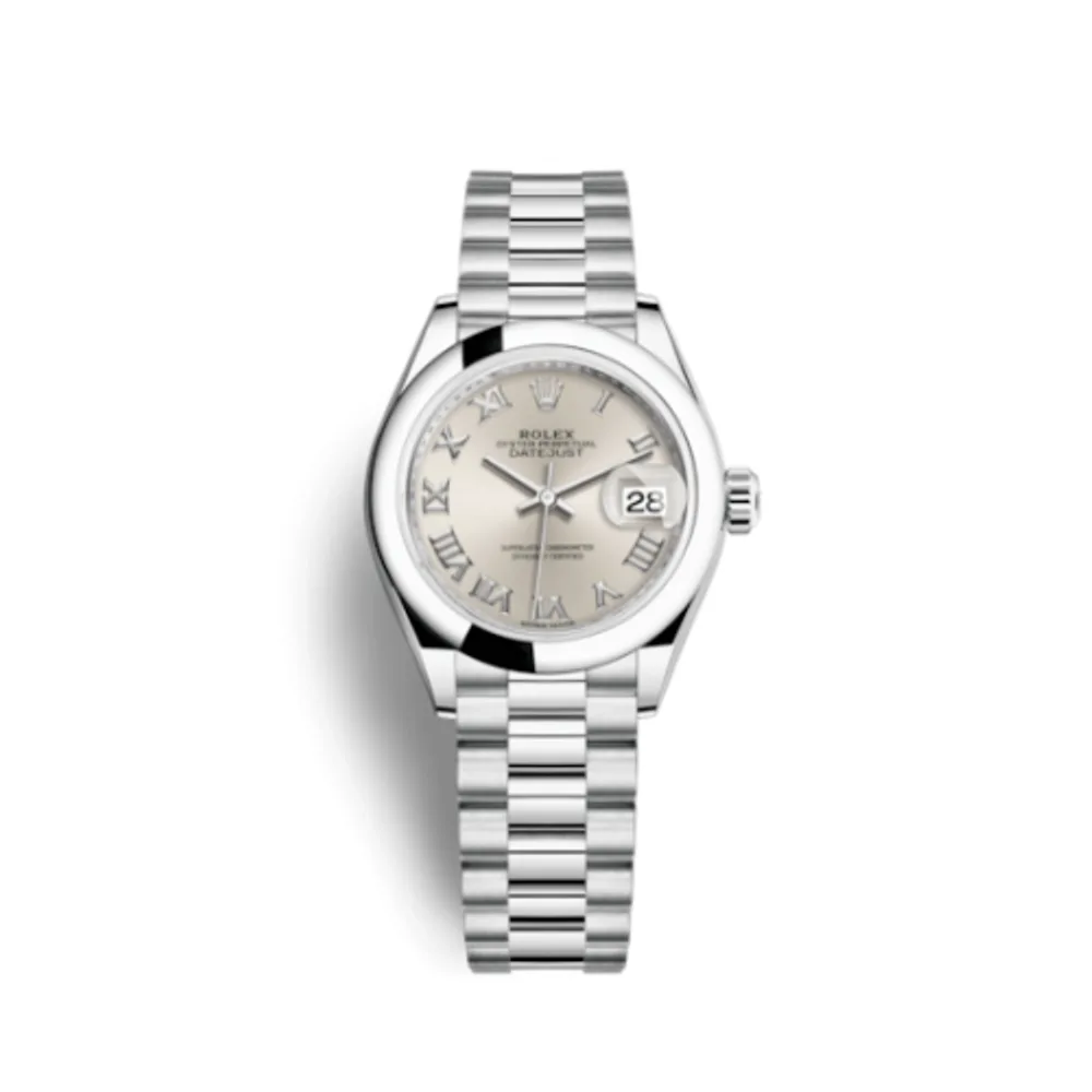 Rolex Lady-Datejust 28 Platinum Domed / President / Silver Roman