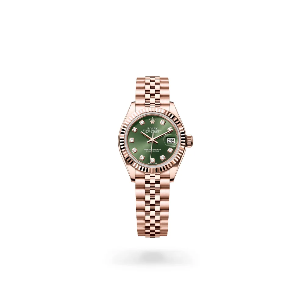 Rolex Lady-Datejust Oyster, 28 mm, Everose gold, 18 kt Everose gold, Olive green dial