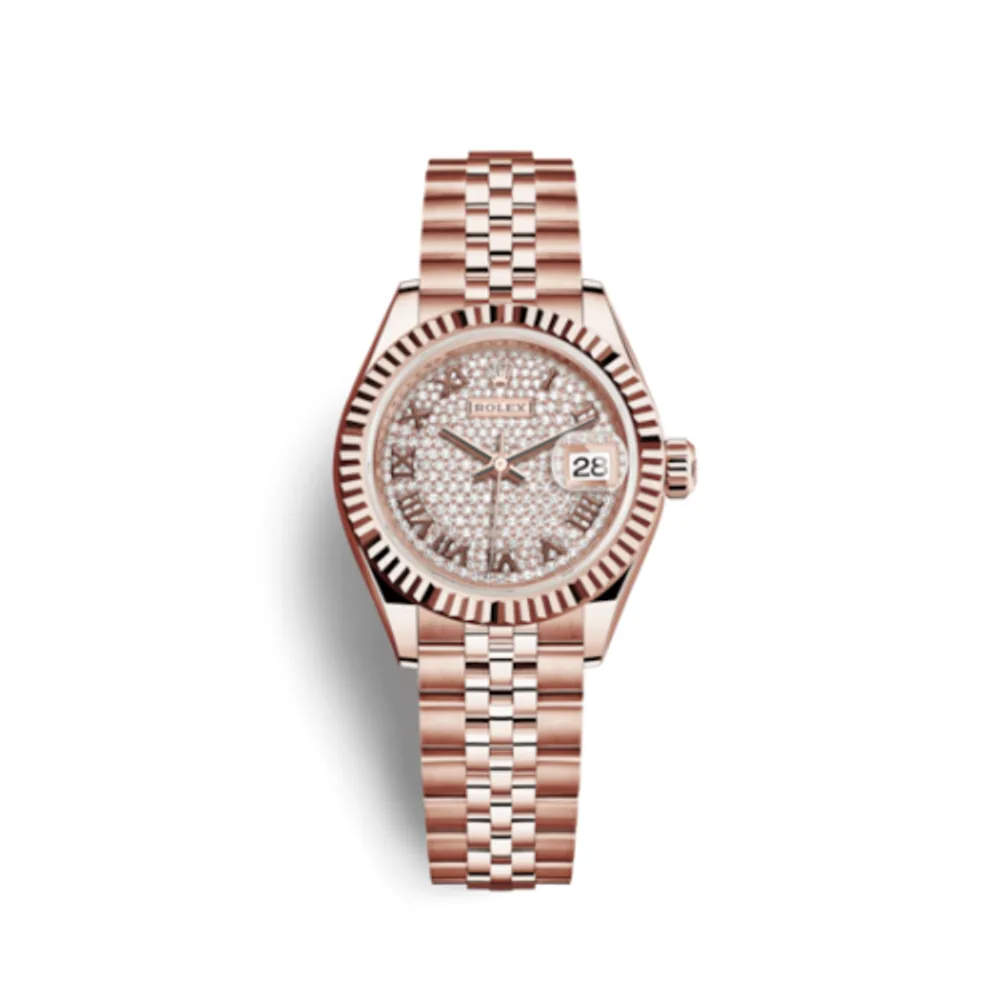 Rolex Lady-Datejust 28 Everose Fluted / Jubilee/ Paved Roman