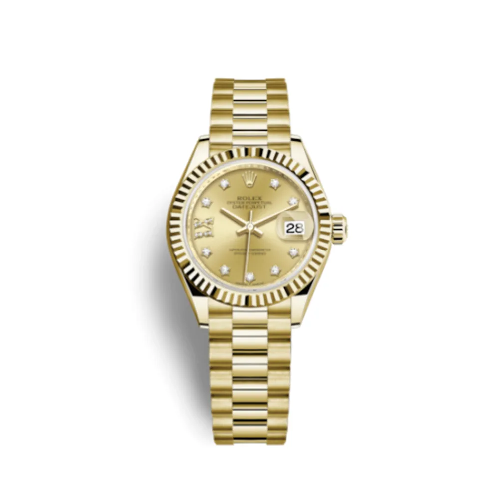 Rolex Lady-Datejust 28 Yellow Gold Fluted / President / Champagne Diamond