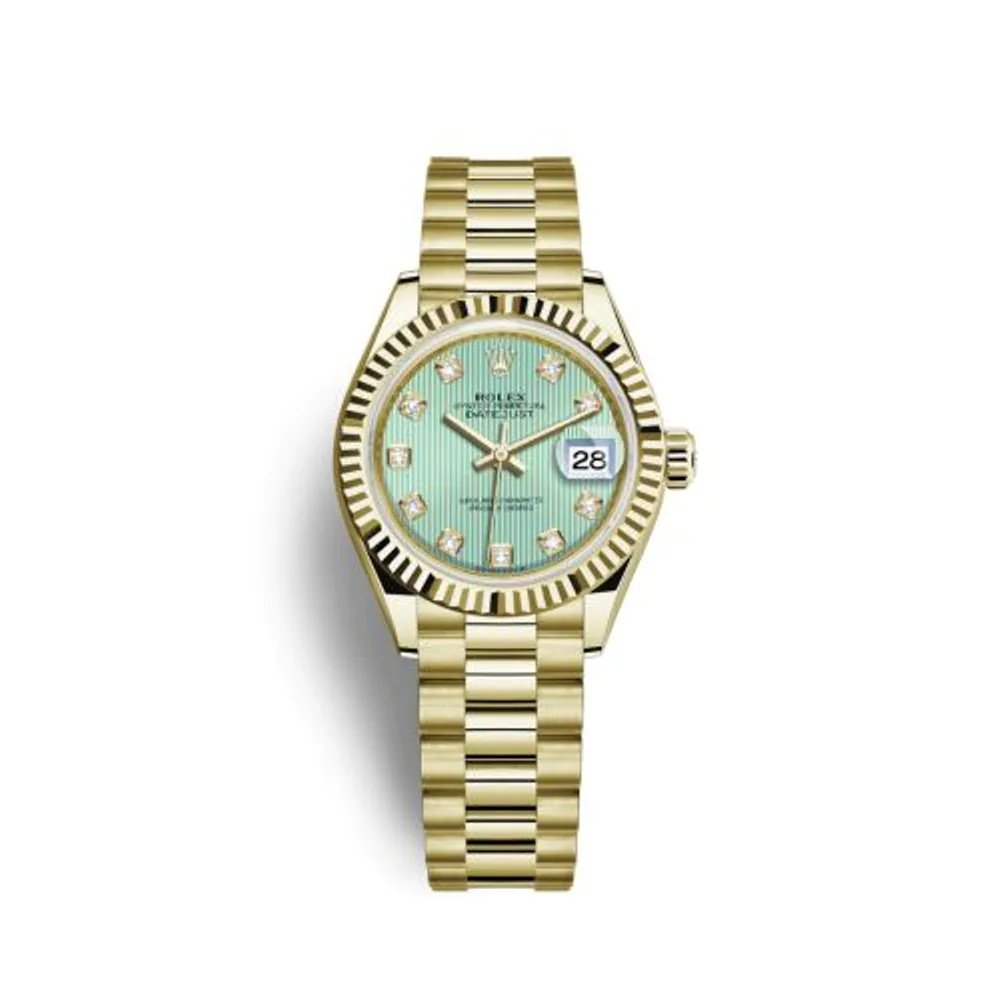 Rolex Lady-Datejust 28 Yellow Gold Fluted / President / Green Diamond