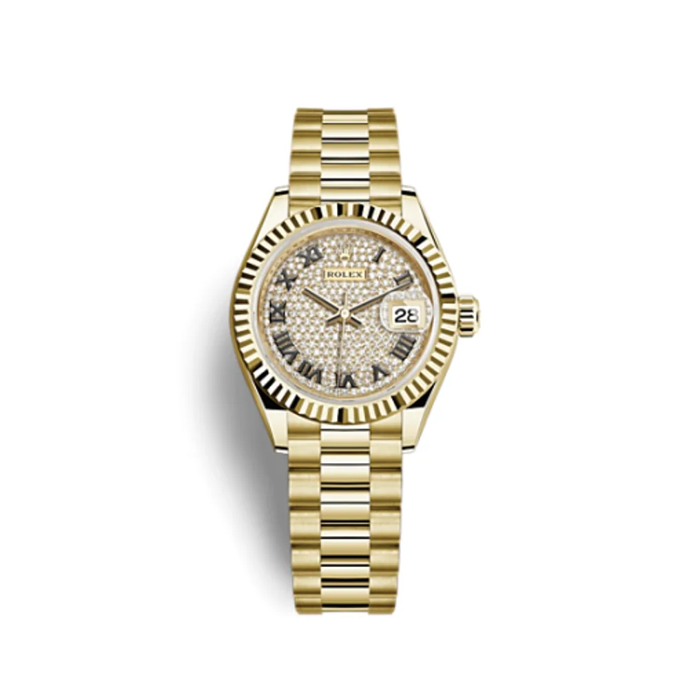 Rolex Lady-Datejust 28 Yellow Gold Fluted / President / Paved Roman