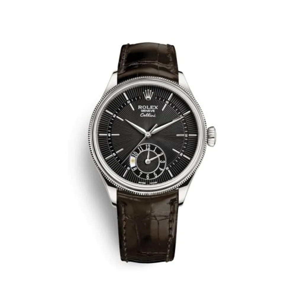Rolex Cellini Dual Time White Gold / Black / Alligator Brown