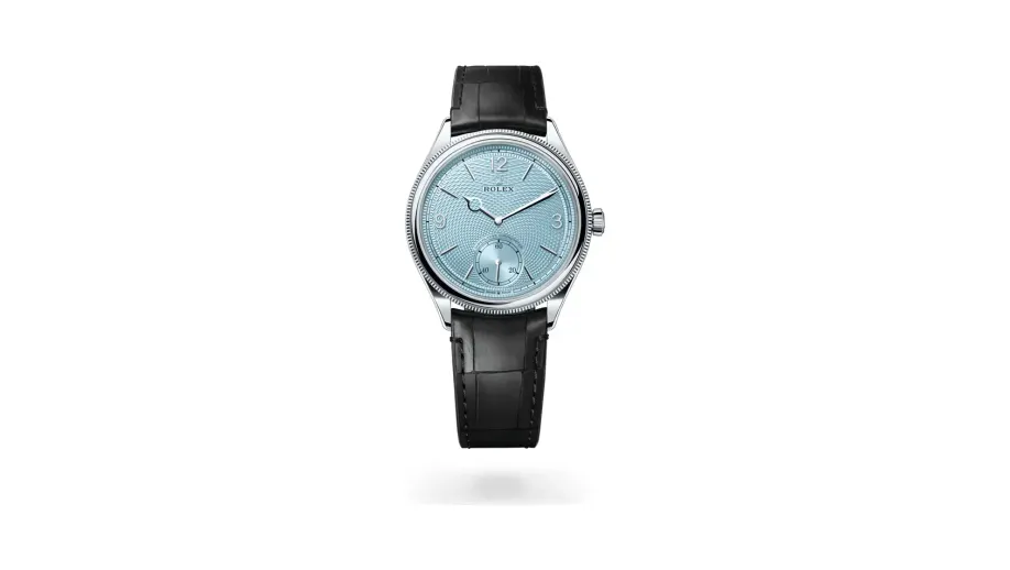 Rolex Perpetual 1908, Platinum (950 alloy), Ice blue with rice-grain motif guilloche pattern dial