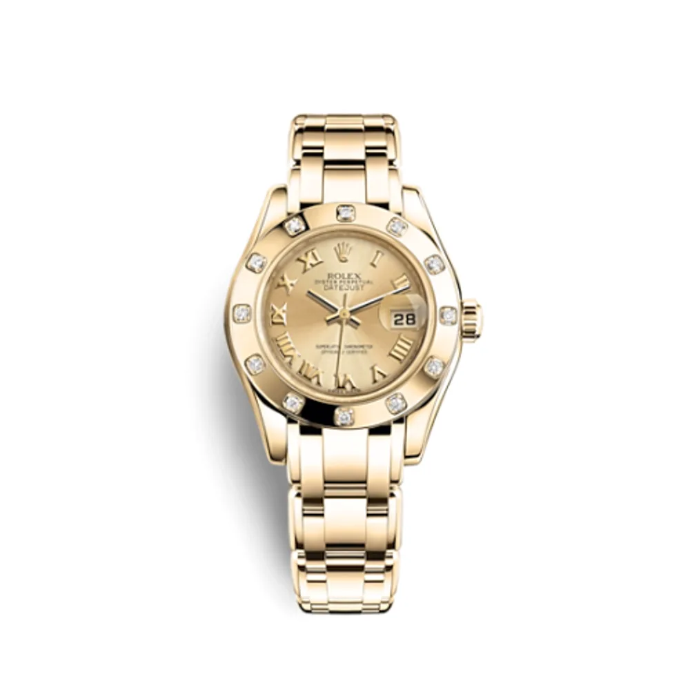 Rolex Datejust Pearlmaster 29 Yellow Gold 12 Diamond Champagne Roman