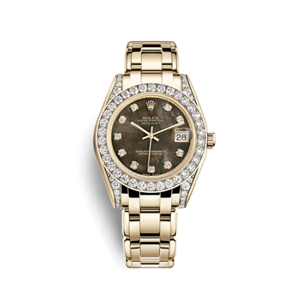 Rolex Datejust Pearlmaster 34 Yellow Gold Diamond Shoulders Black Mother of Pearl Diamonds