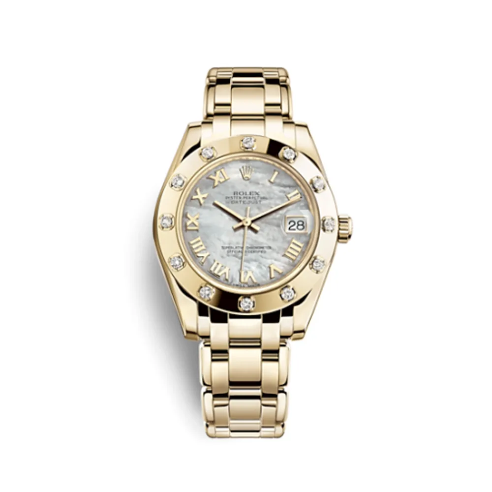 Rolex Datejust Pearlmaster 34 Yellow Gold 12 Diamond Mother of Pearl Roman
